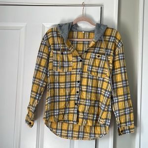 Plaid Hooded Button-Up Shirt Jacket - Yellow Plaid